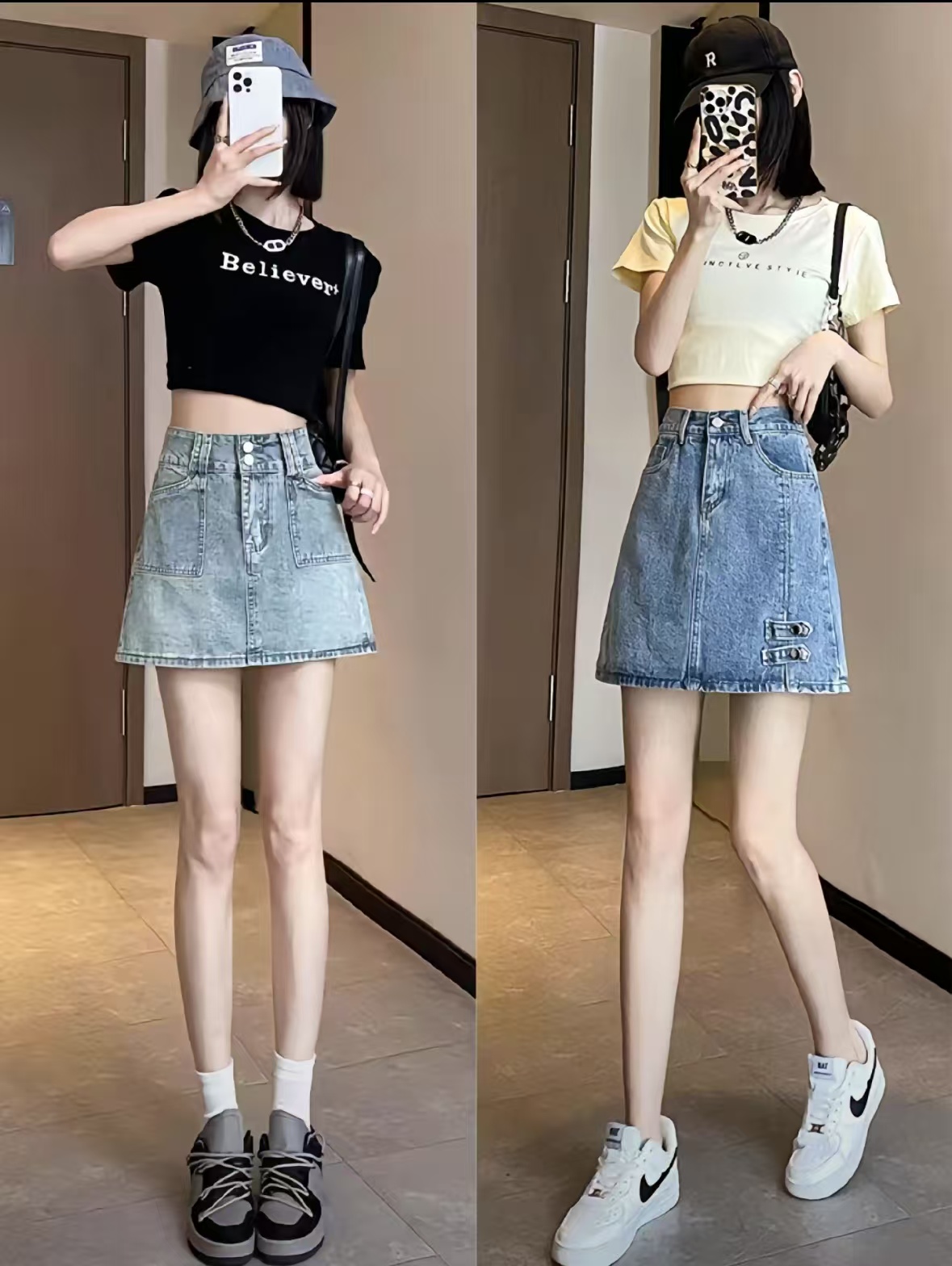 高腰牛仔短裙女夏季薄款a字版开叉半身裙防走光