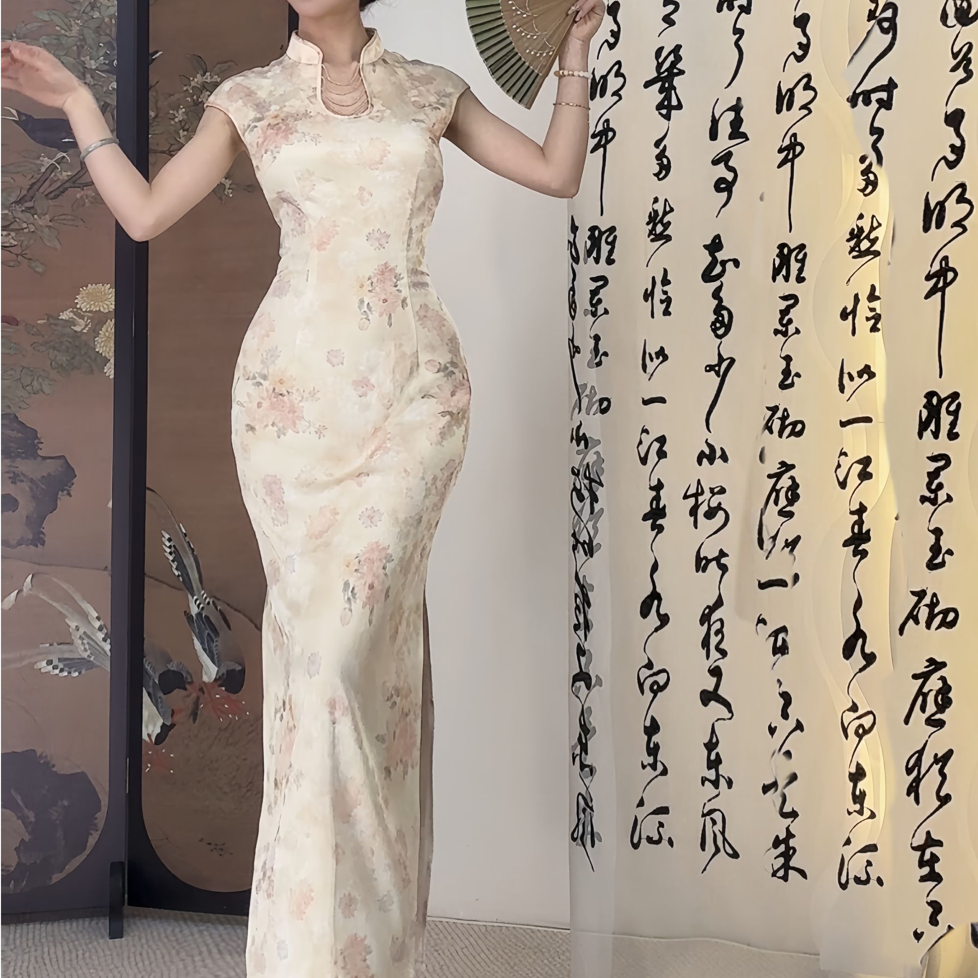 秋辞香~玉香 贝壳袖高级缎面温柔国风显瘦中长款旗袍连衣裙