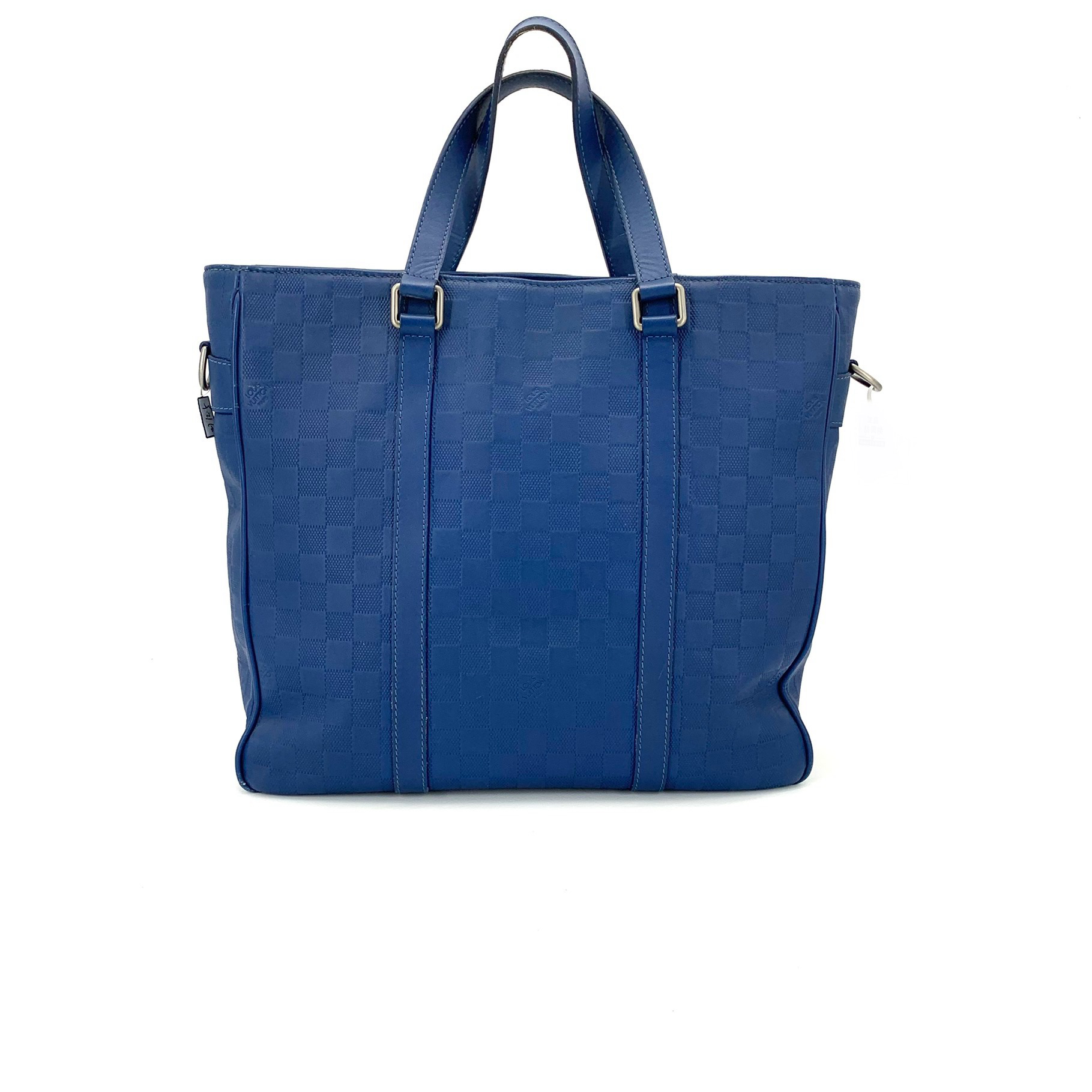 95新 LouisVuitton/路易威登 蓝色全皮压纹棋盘格手提托特包 