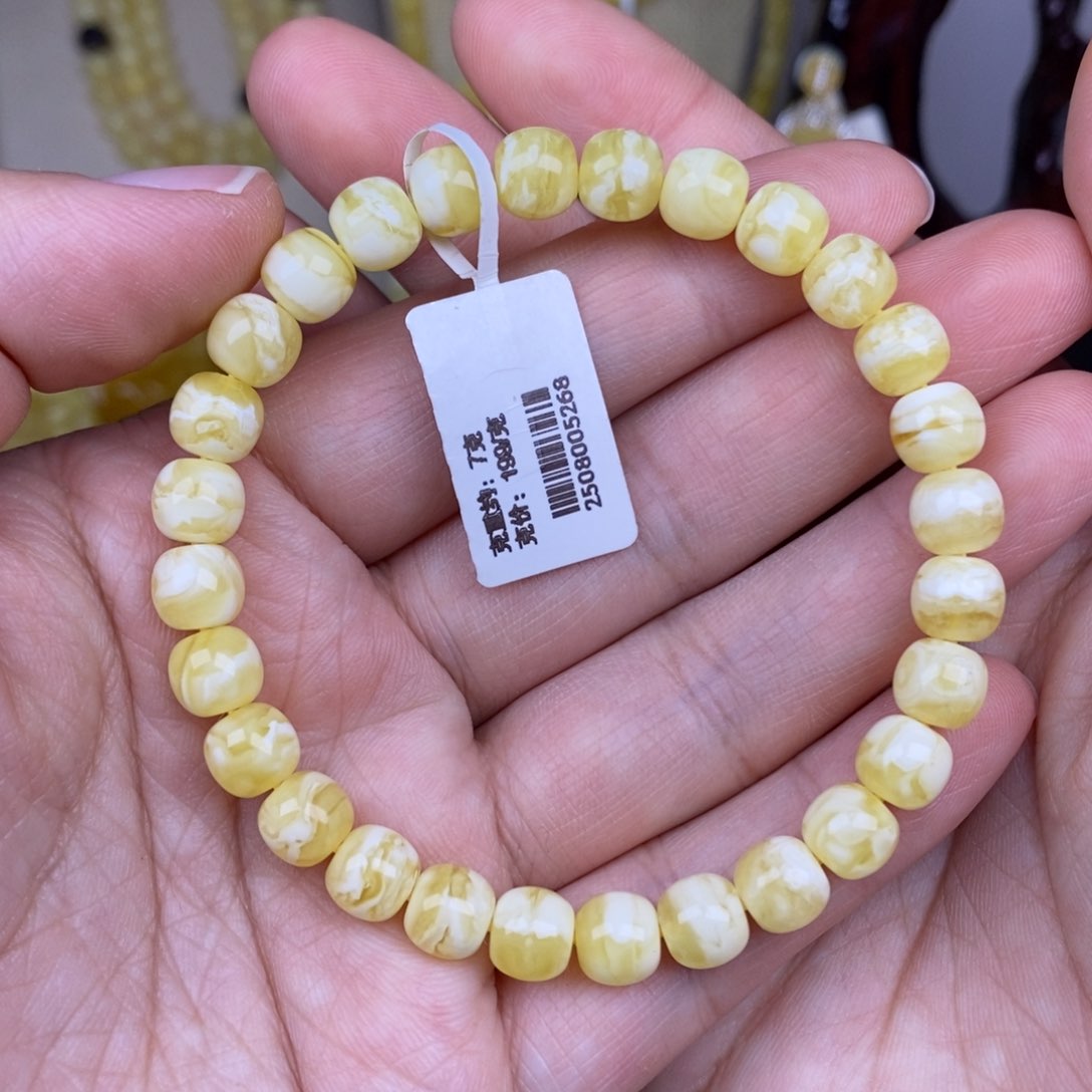 手链蜜蜡未镶嵌7.5精工高桩老型瓷白花虎皮纹