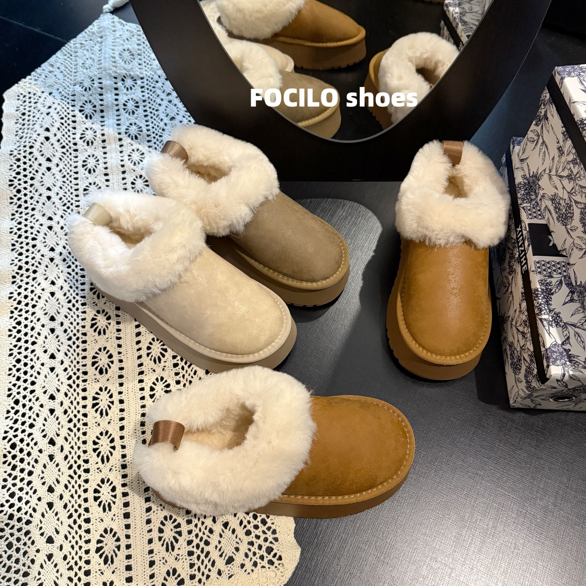 冬季毛毛雪地靴女2025新款厚底防滑加绒保暖皮面懒人一脚蹬棉鞋女
