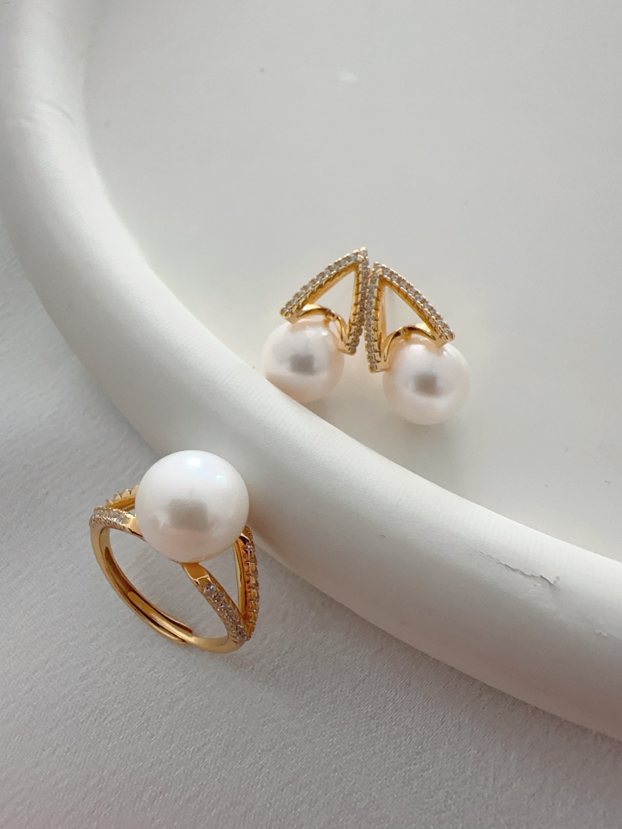 9-10mm天然珍珠戒指耳钉 轻奢百搭时尚法式小众优雅精致