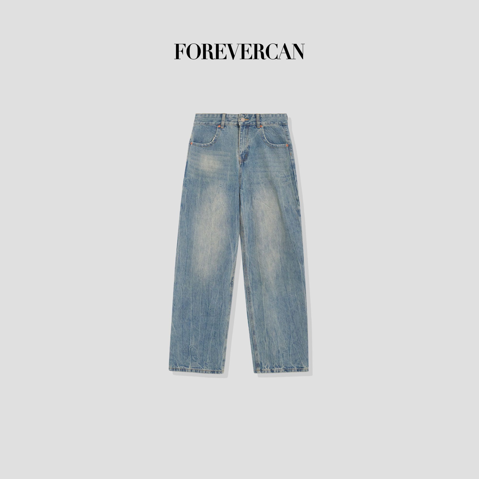 FOREVERCAN“牛仔浪潮”高盎司做旧洗水直筒牛仔长裤 SP19124
