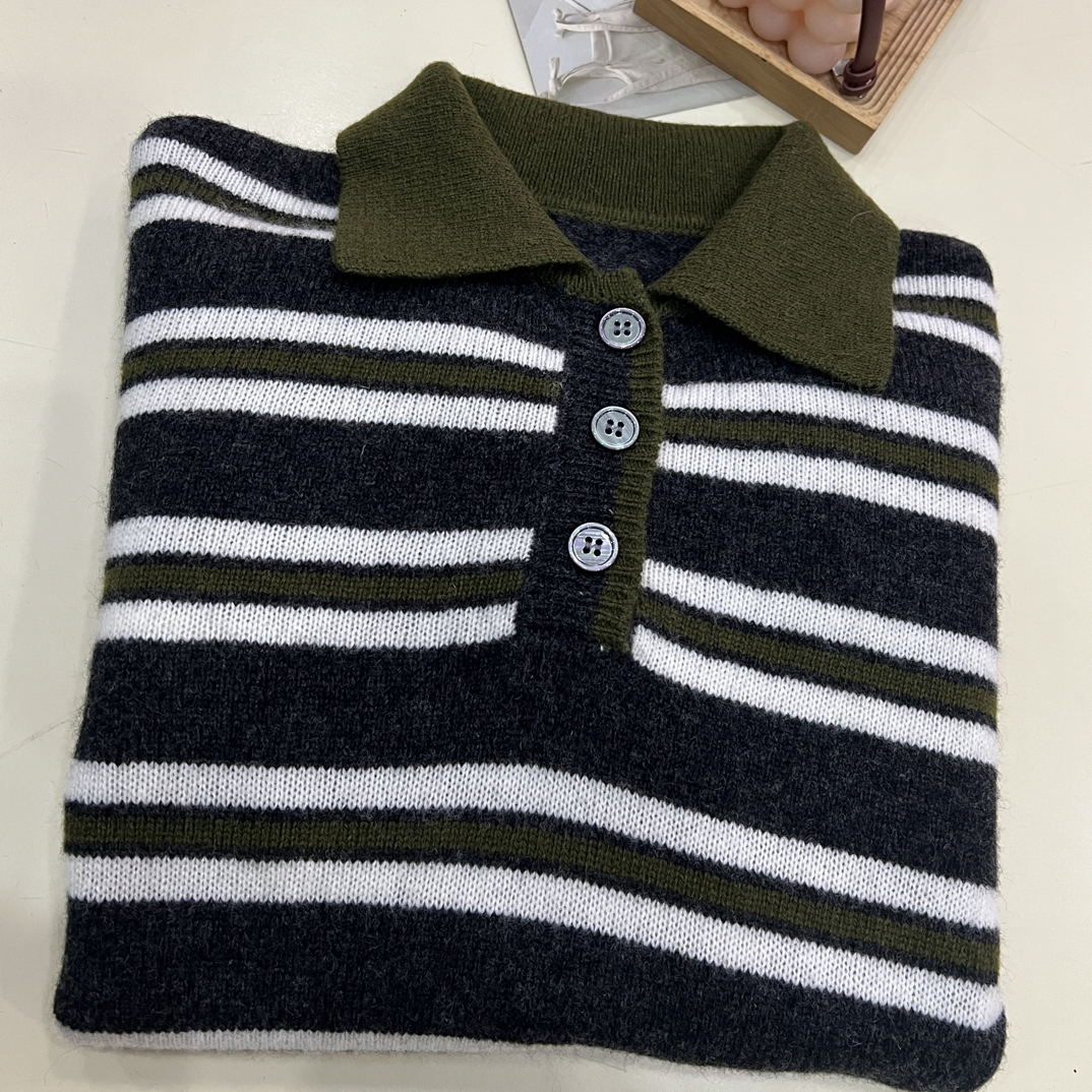 绒品 韩系条纹拼色翻领加厚半开针织衫