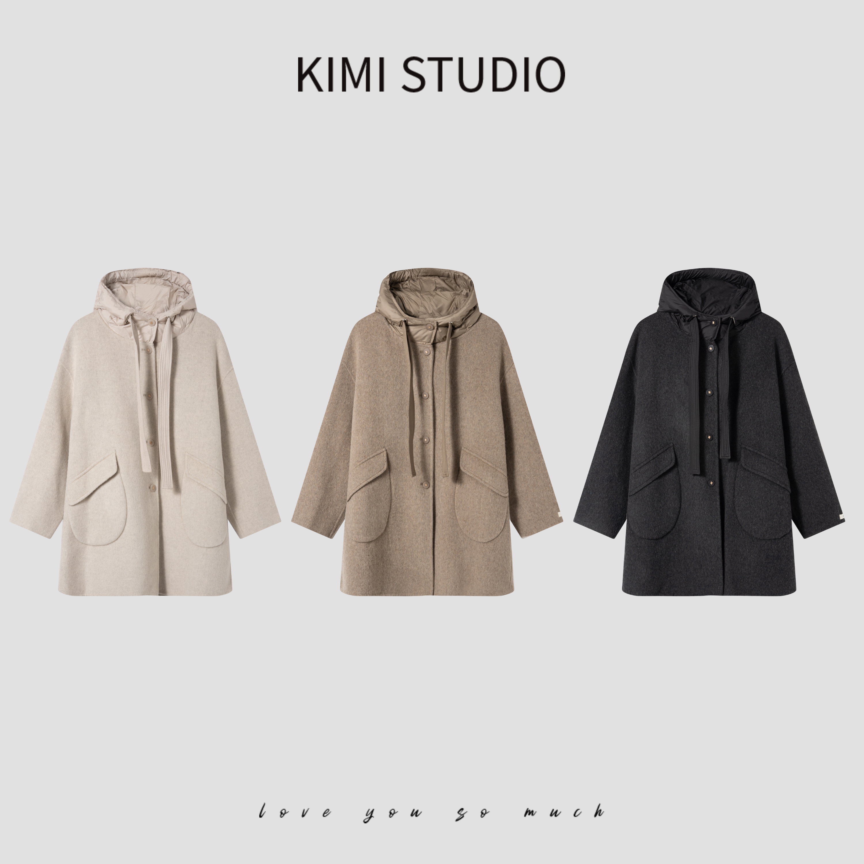 高级感毛呢外套早秋中长款拼接连帽双面手缝澳毛羊毛大衣AW25368