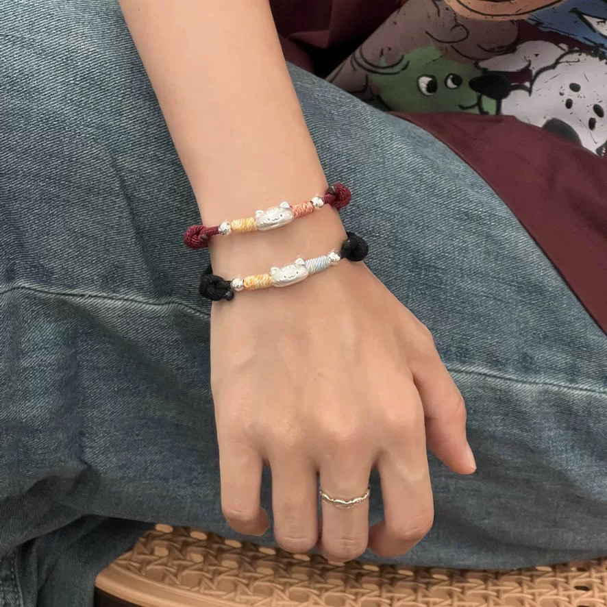 足银手链 新款法棍猫情侣纯银手链999足银红绳手绳男女生小众礼物