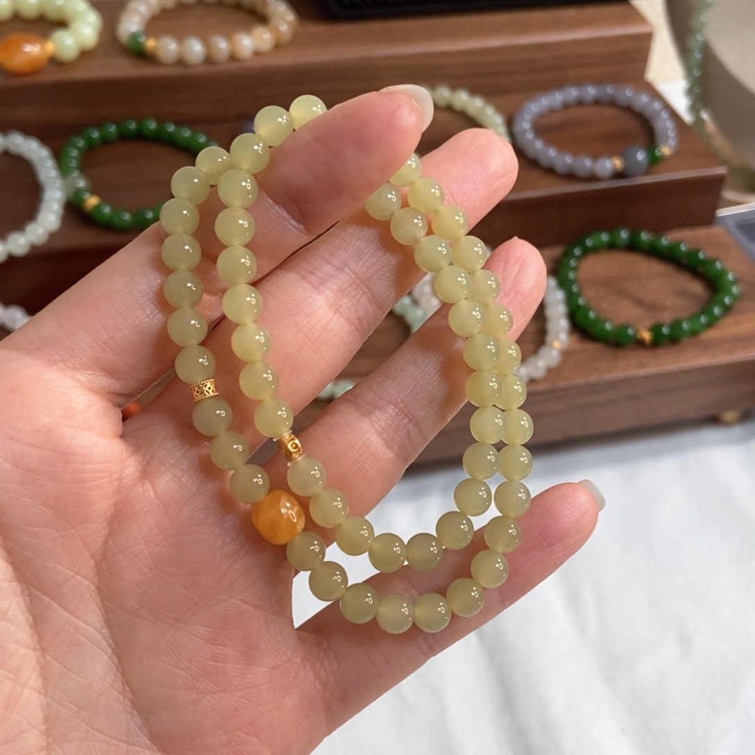 和田玉手链银S925镶嵌6mm黄口双圈福利