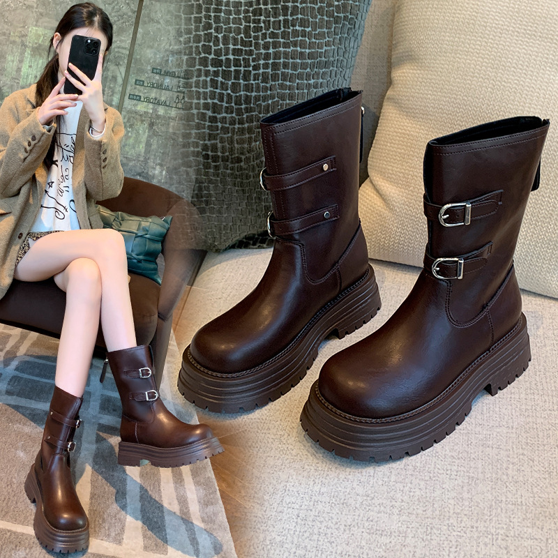 黑/棕粗腿大筒围短靴胖mm马丁靴胖脚宽脚时装靴韩版大码女靴41-43