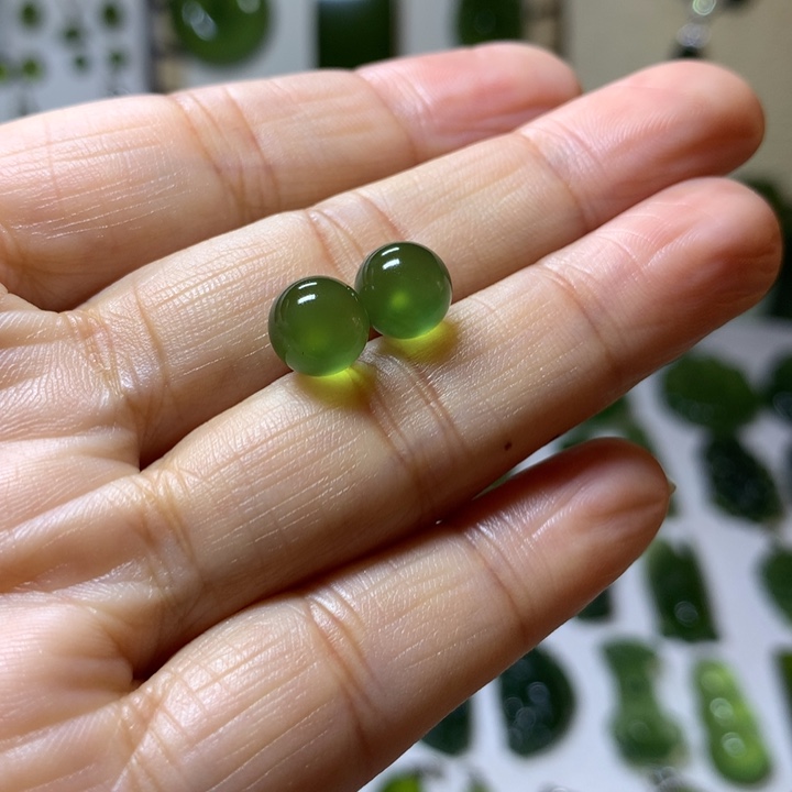 岫玉耳钉银S925镶嵌耳钉