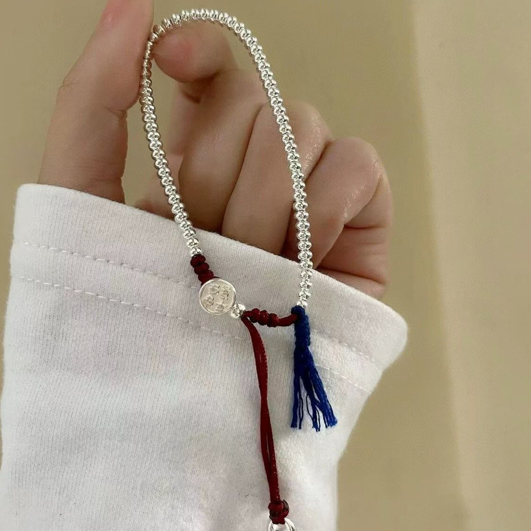 925银手链 925纯银盘缠手链实心银坨平安喜乐编绳手链女光珠手绳