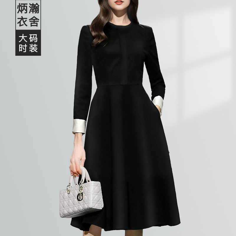 【炳瀚】大码胖MM显瘦裙气质收腰大摆赫本风黑连衣裙BH424WGL15021