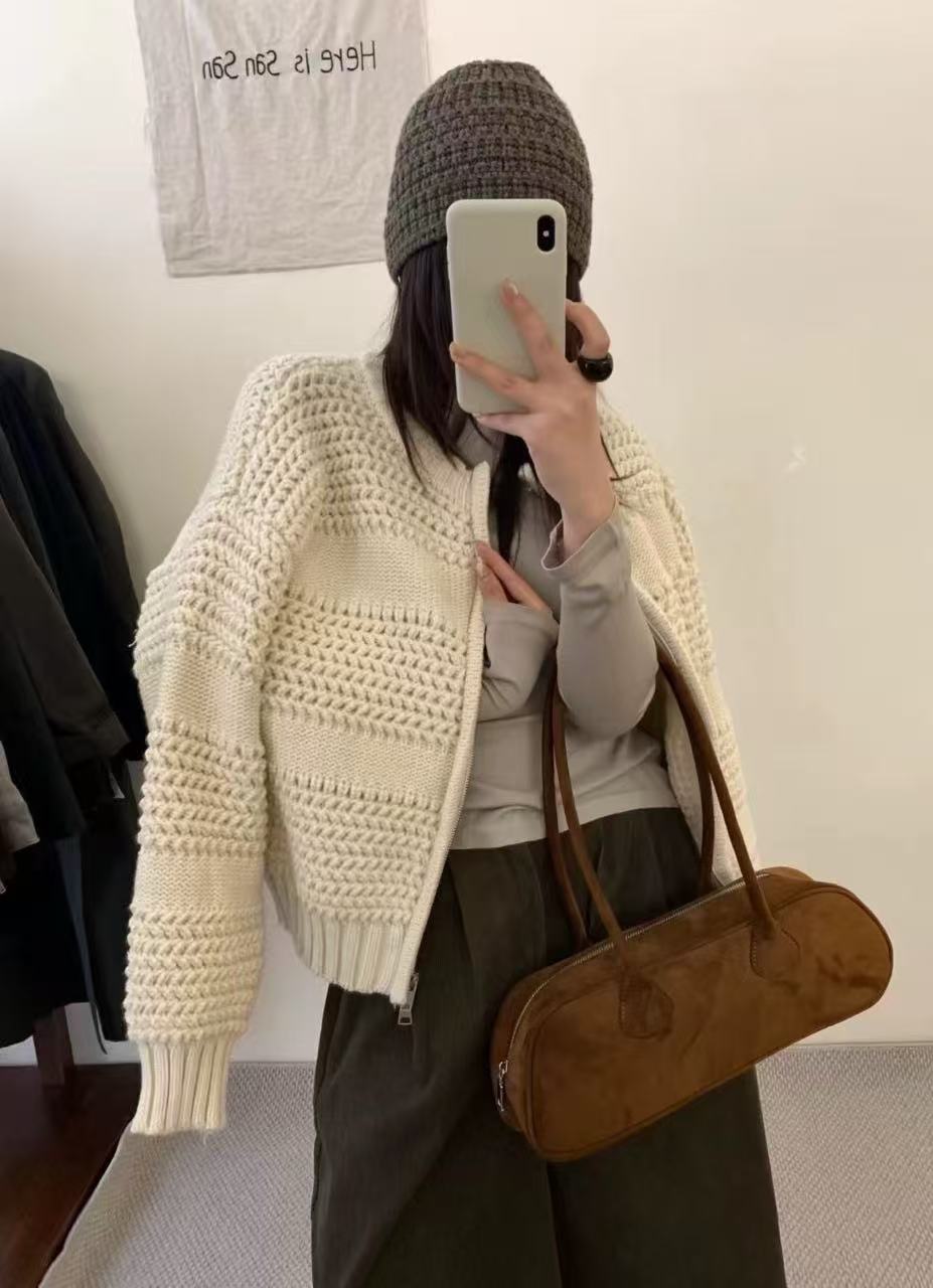 现货！爆款秋冬慵懒风拉链保暖纯色加厚粗针毛衣设计感开衫外套