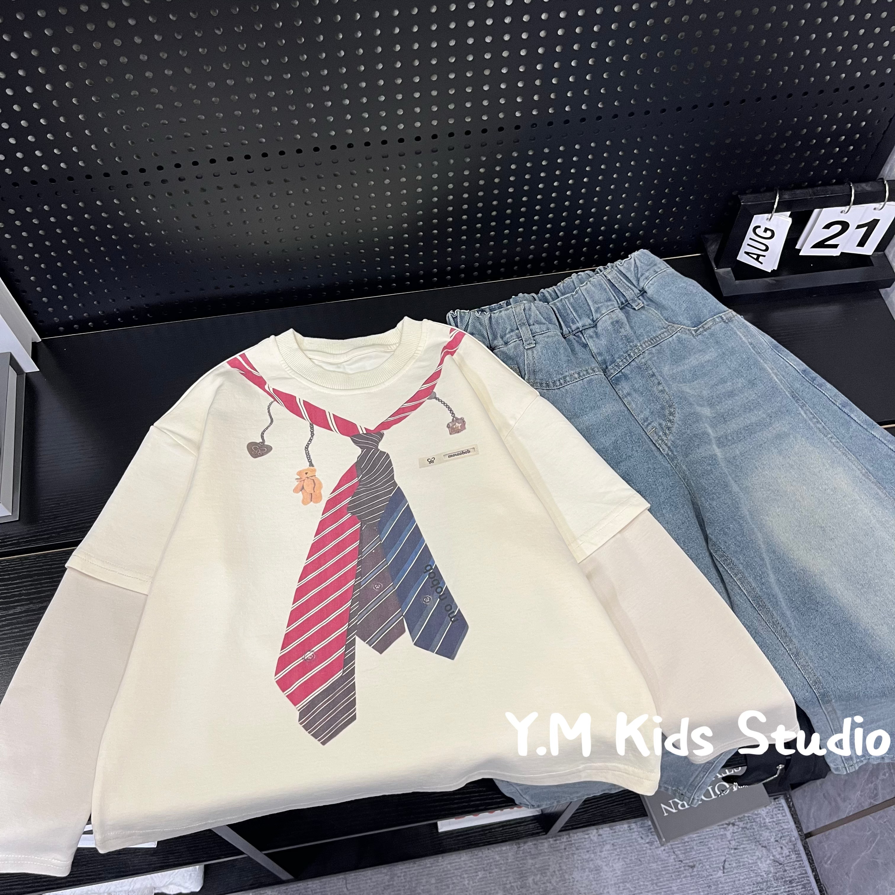 【Y.M KIDS】男女童秋季领带无感印花假两件长袖T恤设计款牛仔裤