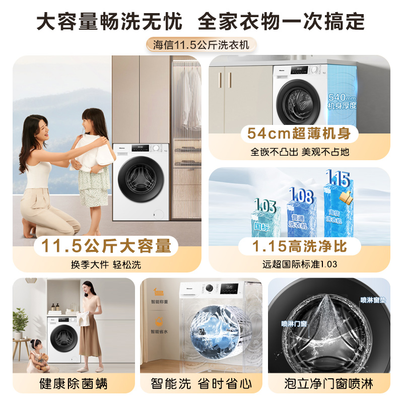 【健康】海信11.5公斤大容量1.15超高洗净比全自动智能滚筒洗衣机