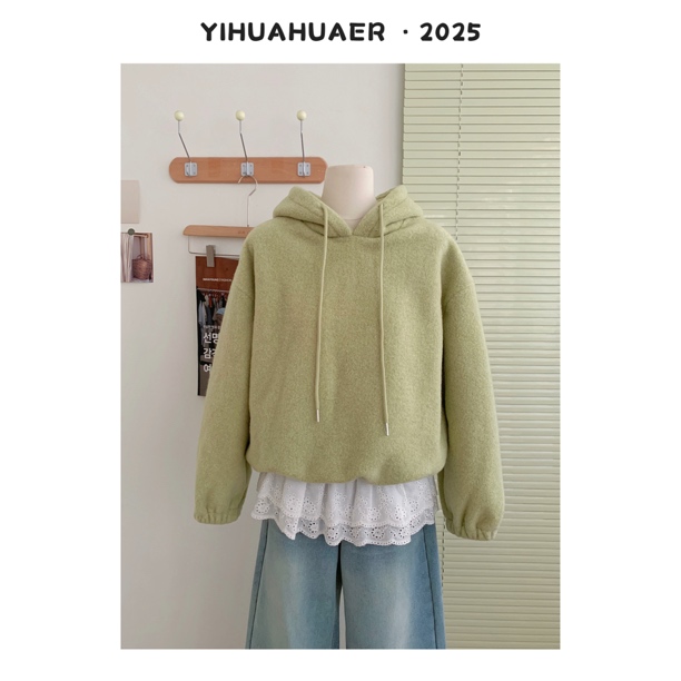 【薄荷森林】东大门韩国原单纯色百搭韩版抽绳双面绒连帽卫衣9985