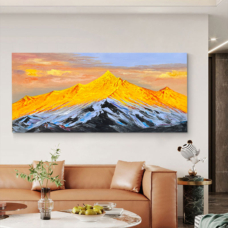 日照金山客厅装饰画高级感沙发背景墙挂画横版背有靠山纯手绘油画