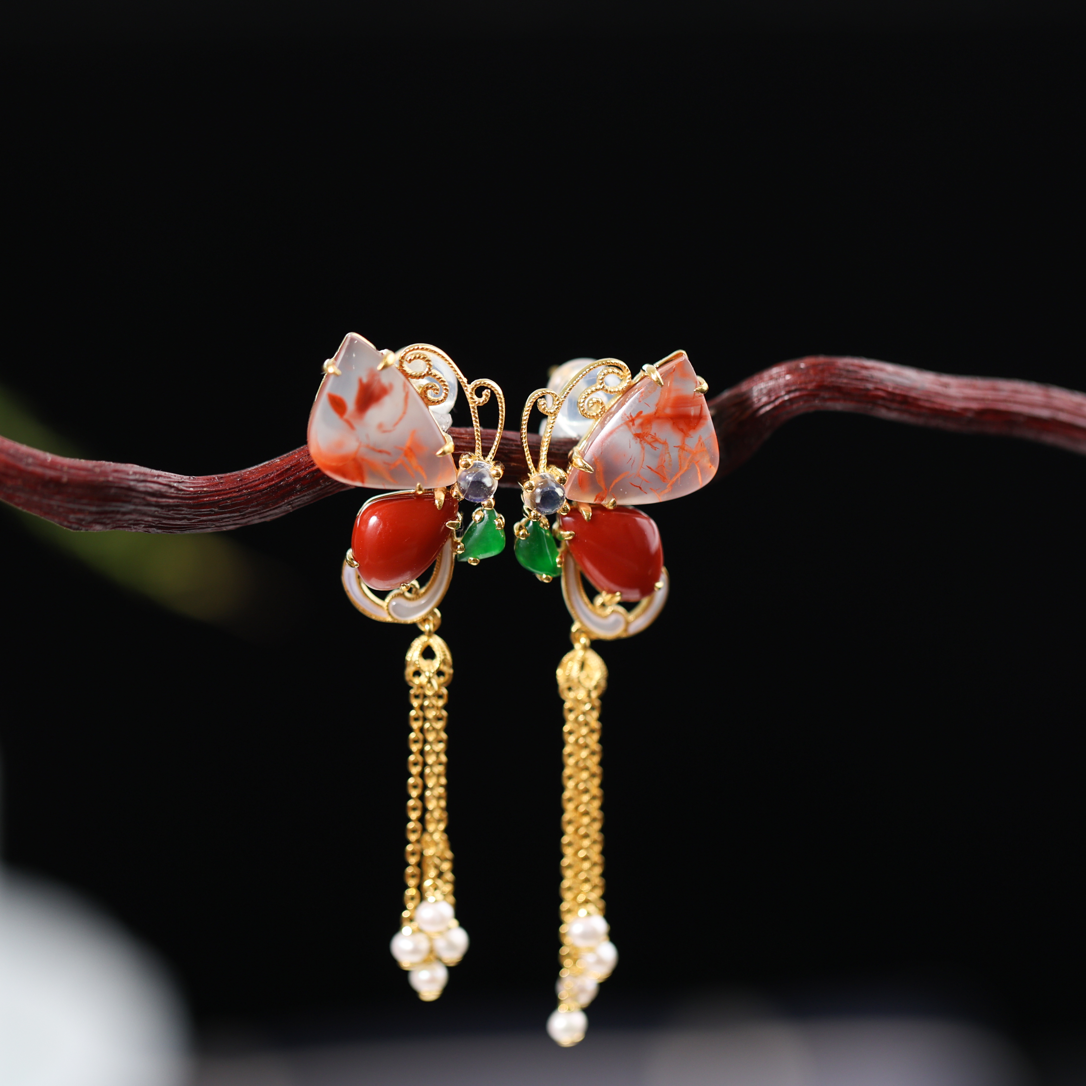 原创国风新中式定制珠宝18k金镶嵌南红蝴蝶耳饰