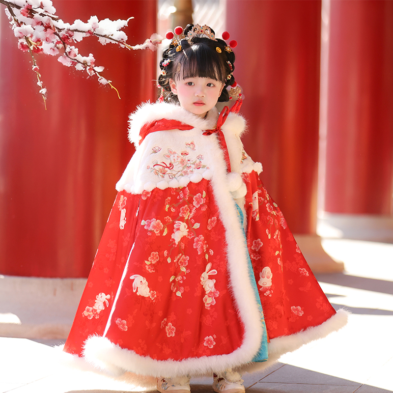 汉服女童冬款红色喜庆保暖加厚披风斗篷儿童国风仙气连帽披肩外套