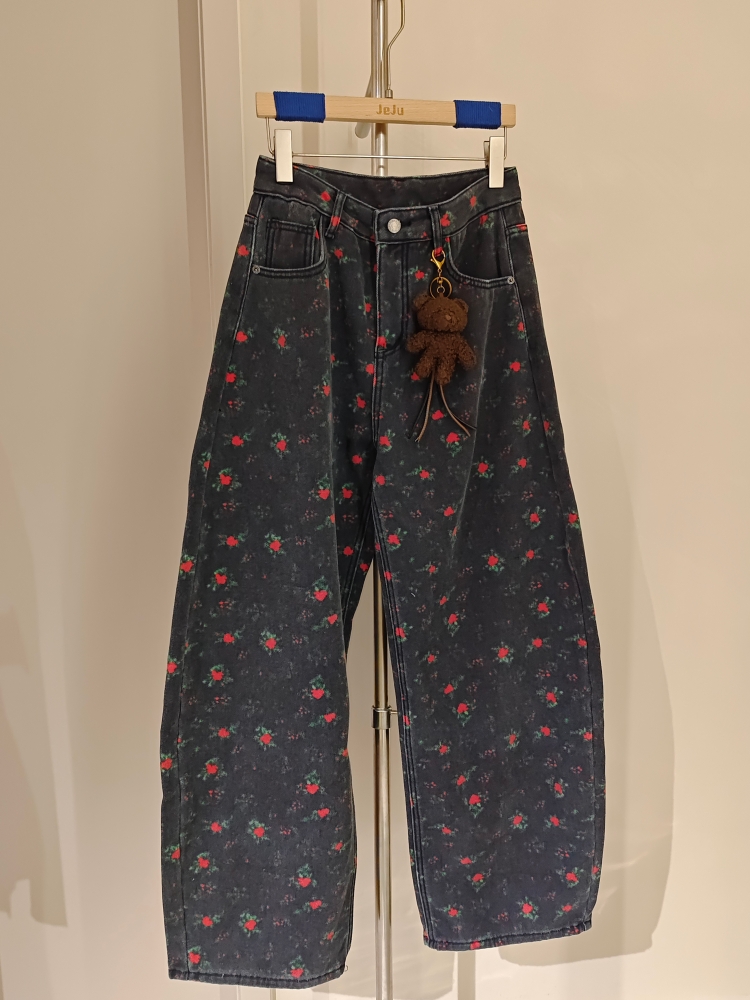【济州岛】冬季新款加绒加厚复古玫瑰印花弯刀裤