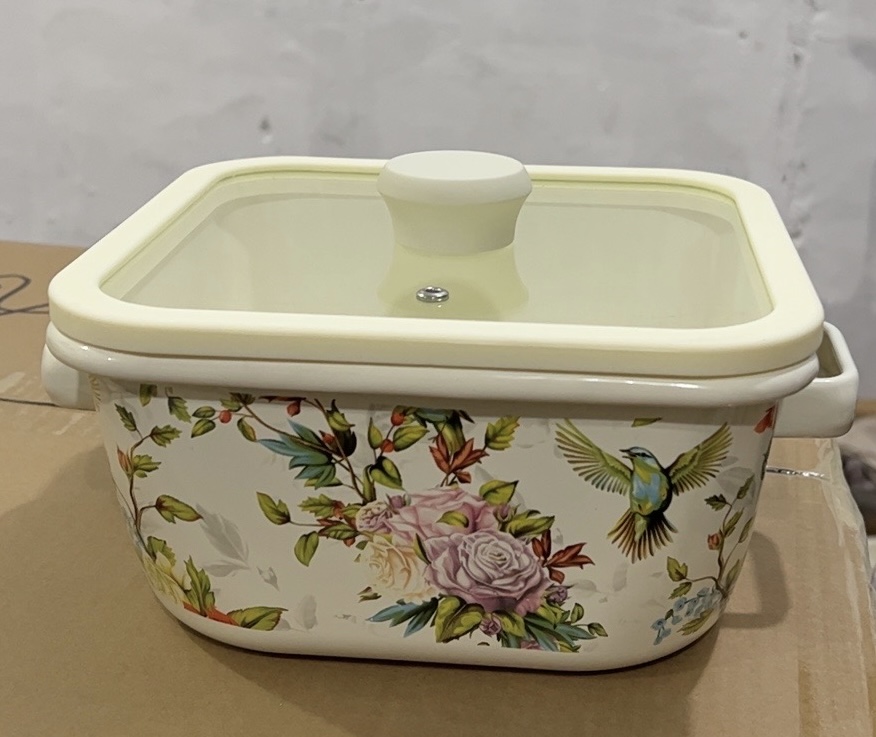 出口22公分方型鸟语花香搪瓷汤锅