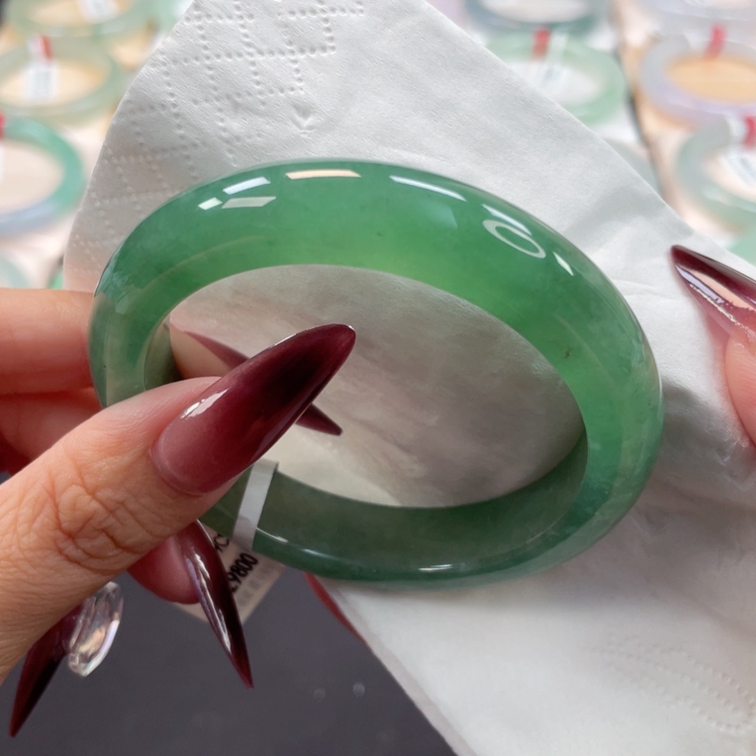 未镶嵌手镯翡翠56糯冰起胶满绿菠菜绿36号