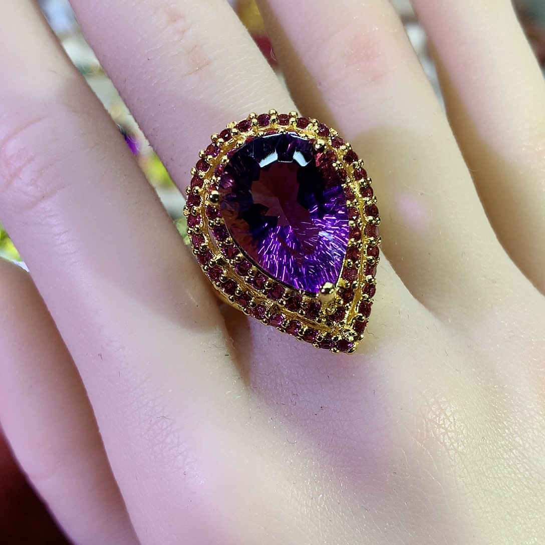 烟晶戒指银S925镀金镶嵌