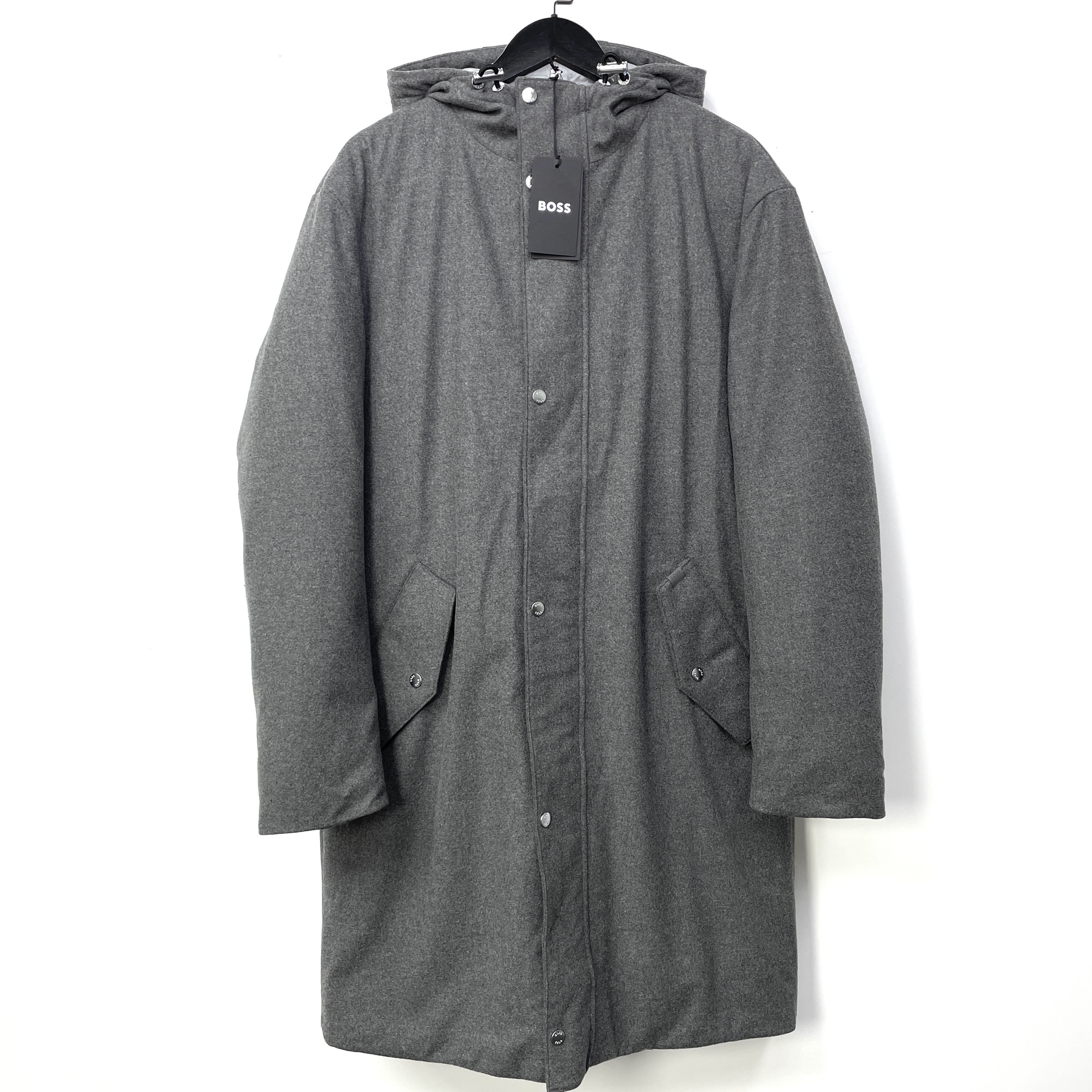 未使用 HugoBoss/雨果博斯 淡灰色休闲连帽长款大衣棉服外套