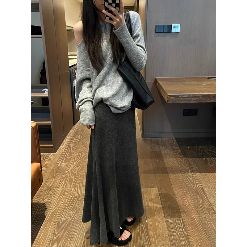 已出货黑色鱼尾裙女秋冬百搭气质a字裙包臀裙显瘦针织半身裙