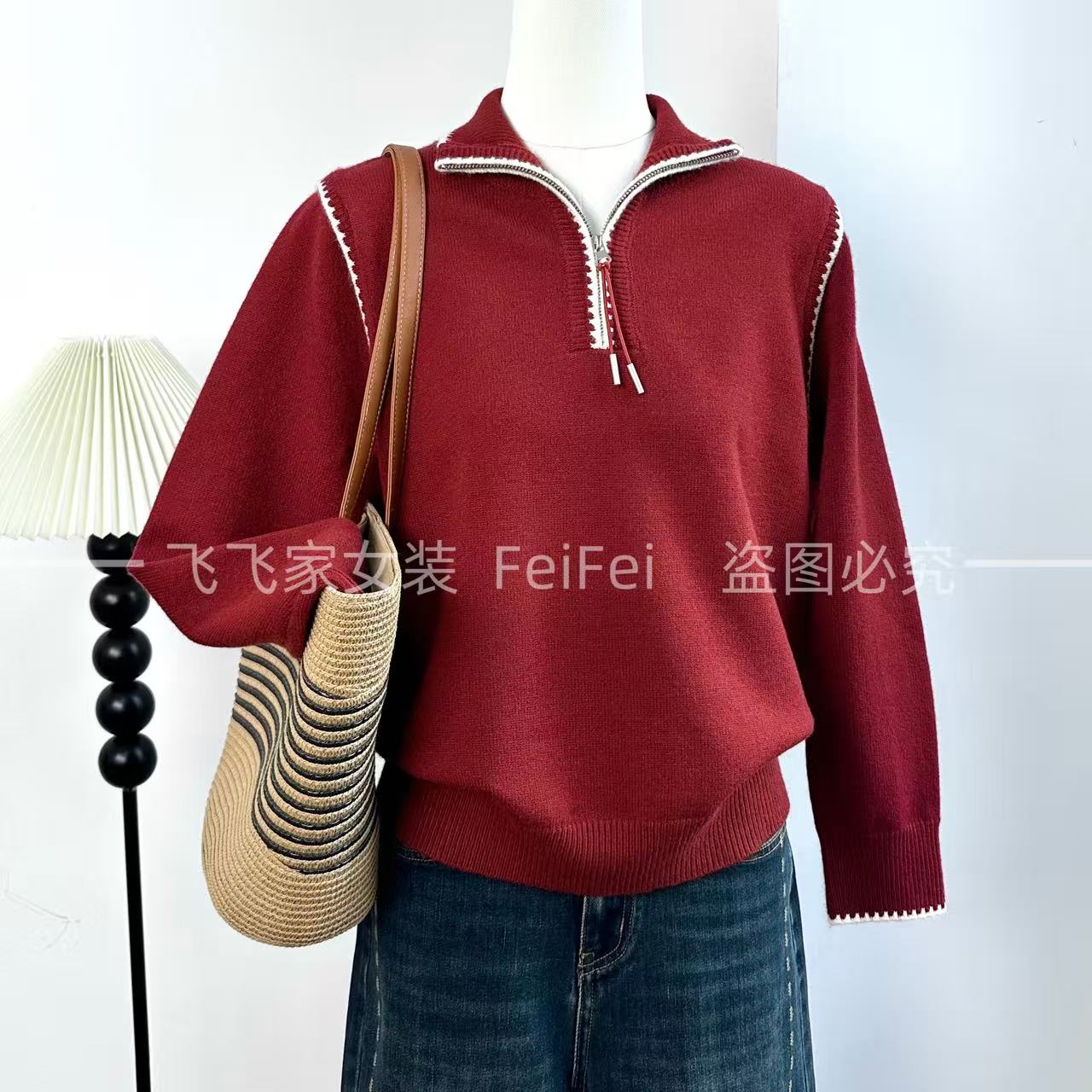 飞飞家~原单立领翻领两穿半拉链！！韩版时髦 洋气针织衫Y9305红