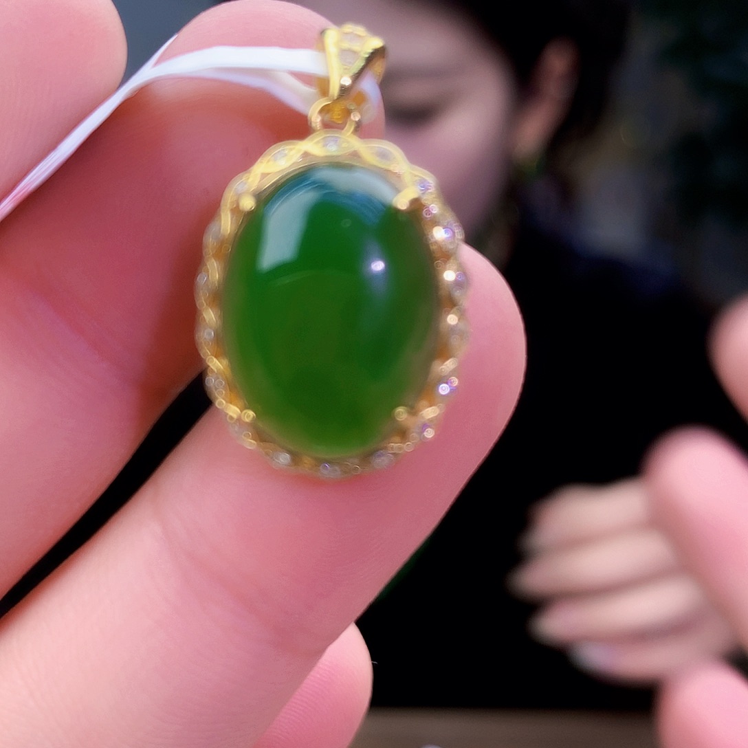 吊坠(不含链)银S925镶嵌和田玉（碧玉）吊坠