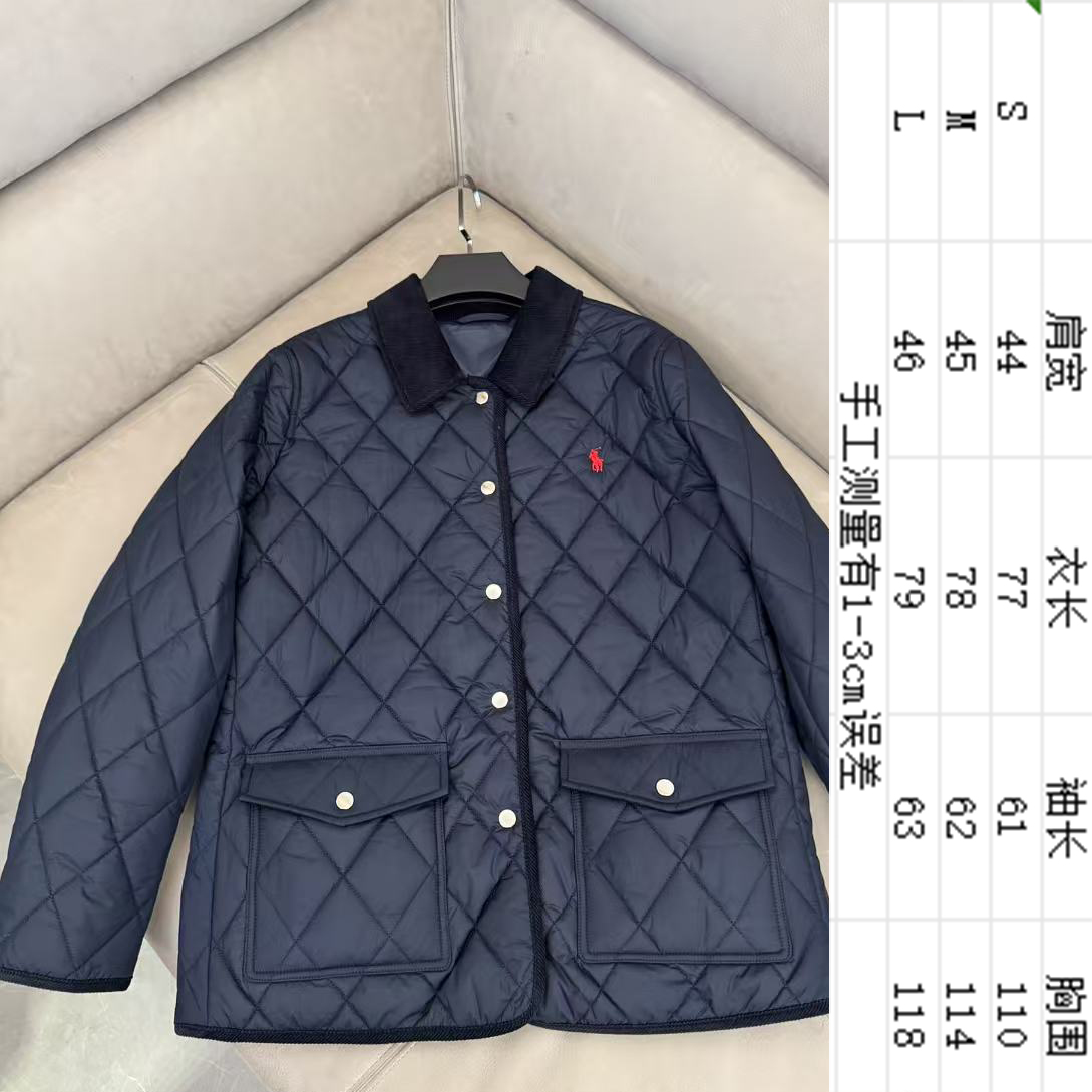 三色翻领菱格棉服 灯芯绒宽角领 按扣式门襟 腰部两个按扣式口袋