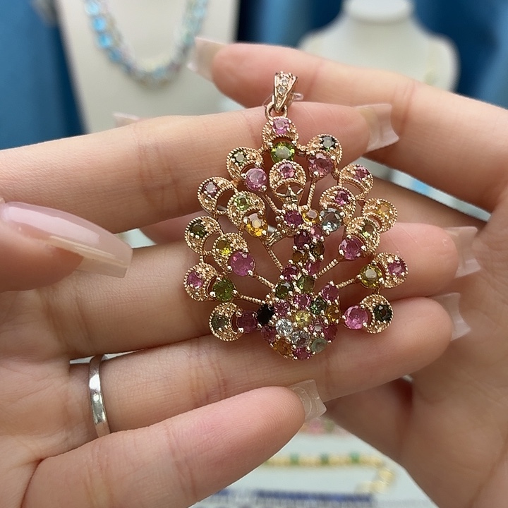 银S925镶嵌碧玺吊坠(不含链)