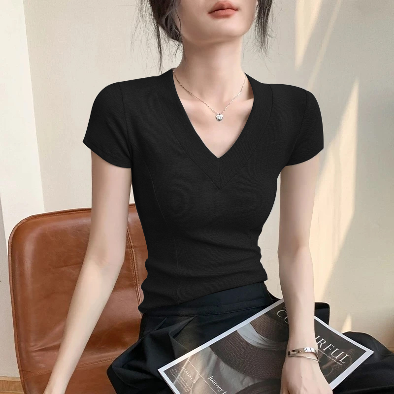 欧若风简约韩系百搭V领短袖t恤女2025夏季显瘦设计感鱼骨修身上衣