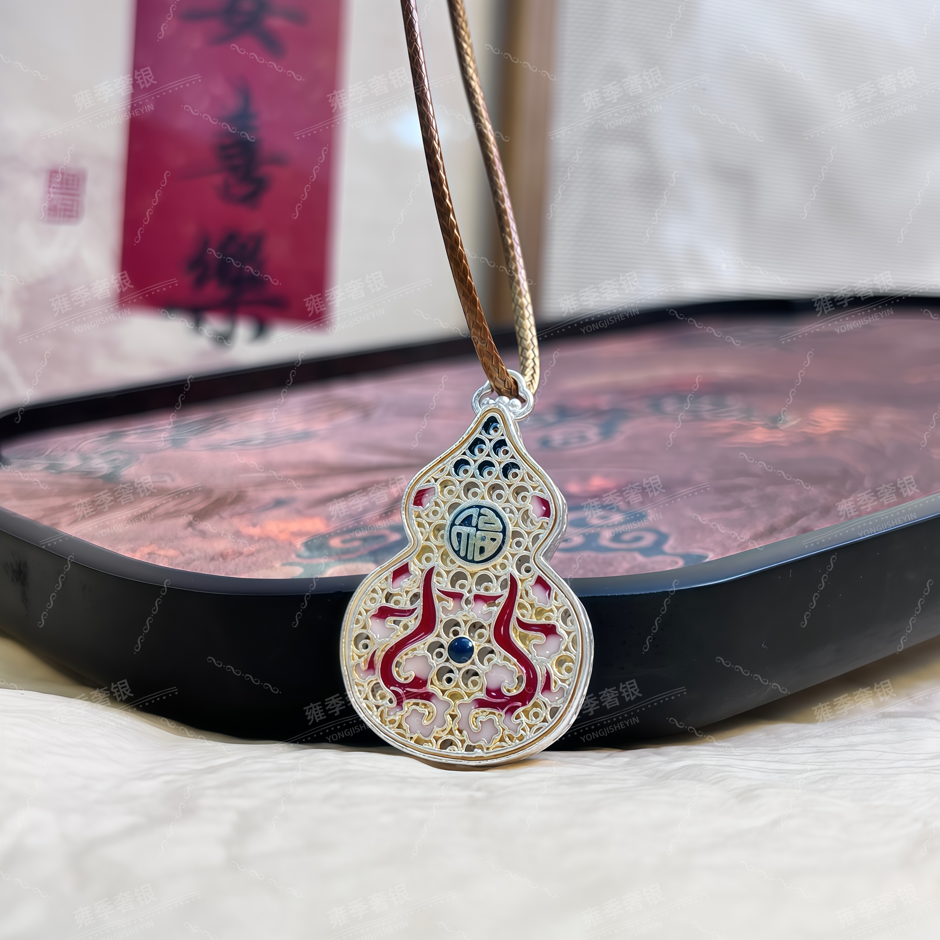 吊坠足银 【珐琅花丝福禄】描金珐琅福字双面吊坠项链情侣足银对链