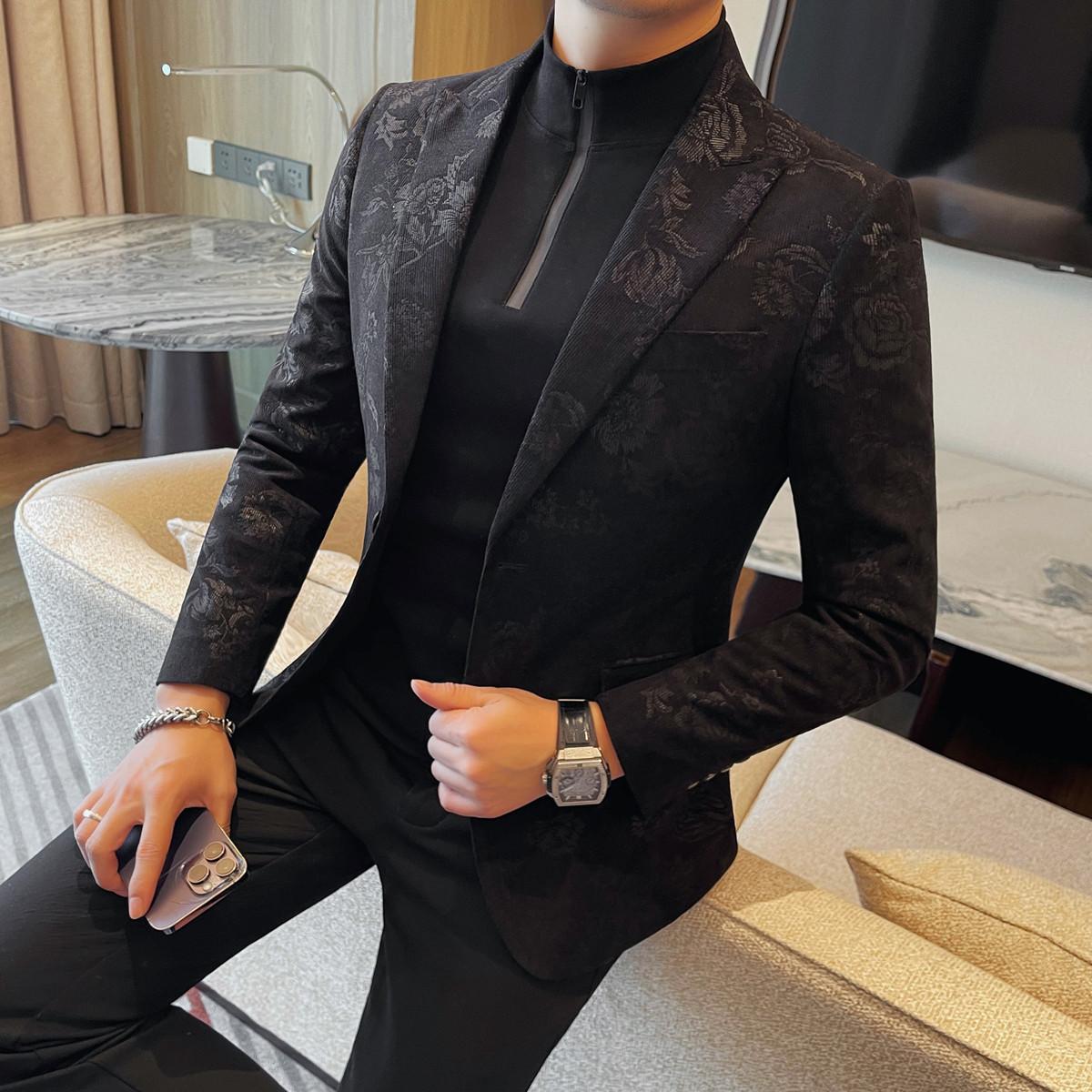 新款2025印花高级感西装春季商务休闲上衣痞帅流行潮流男西服上衣