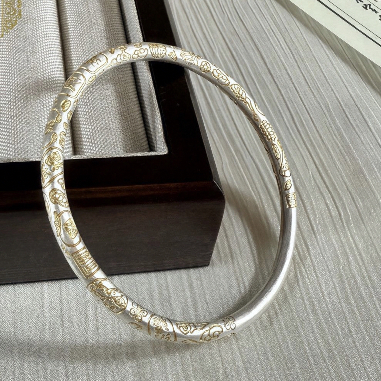 足银珐琅手镯 48号描金吉言招财猫银手镯