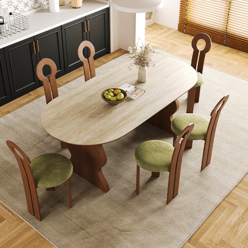 【安妮餐桌】法式复古古风实木餐桌洞石岩板小户型餐桌椅椭圆形