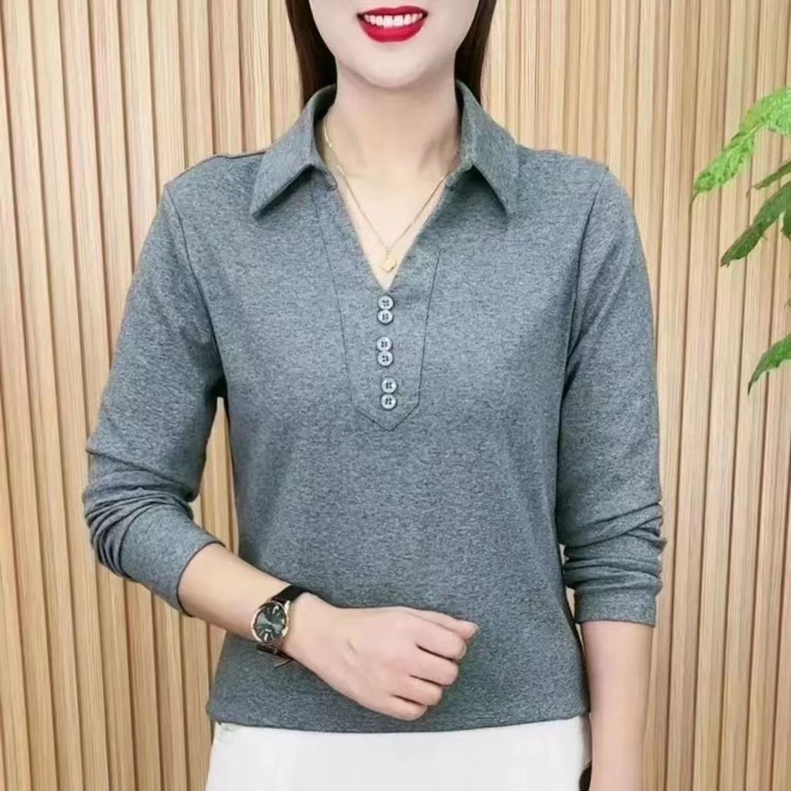 2025POLO领中年妈妈装高档长袖新款秋季宽松时尚减龄女装流行上衣