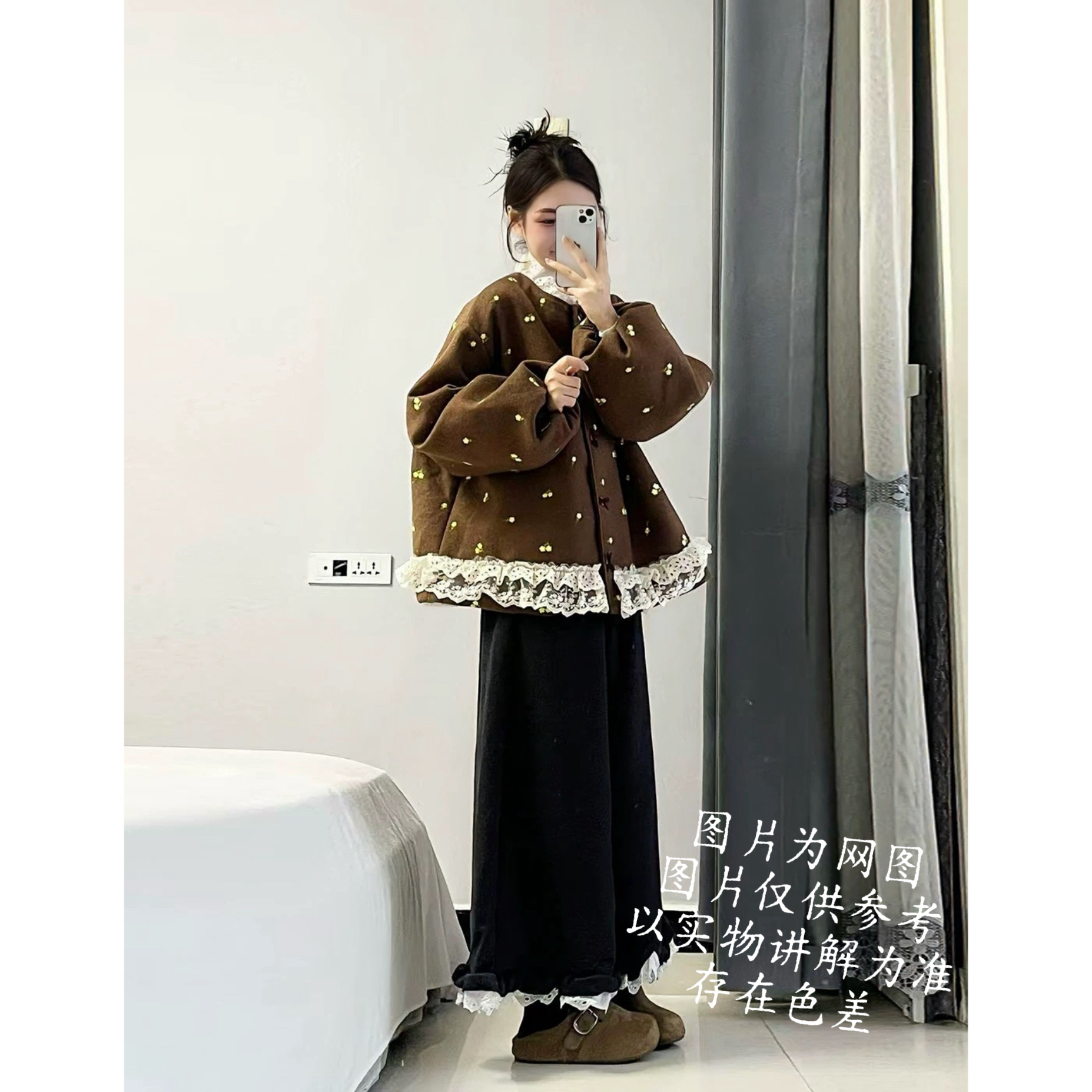 【大白莎家】韩系甜美蕾丝拼接加厚毛呢外套搭配阔腿裤大码女装冬季