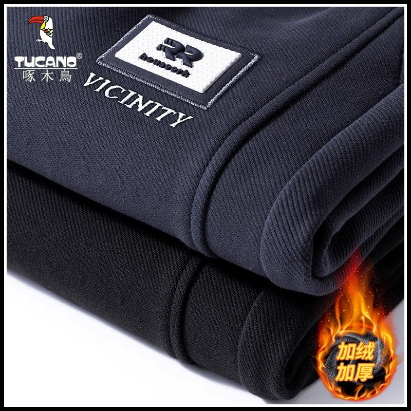 啄木鸟加绒加厚长裤2025秋冬新款宽松束脚休闲裤男生潮牌运动裤子