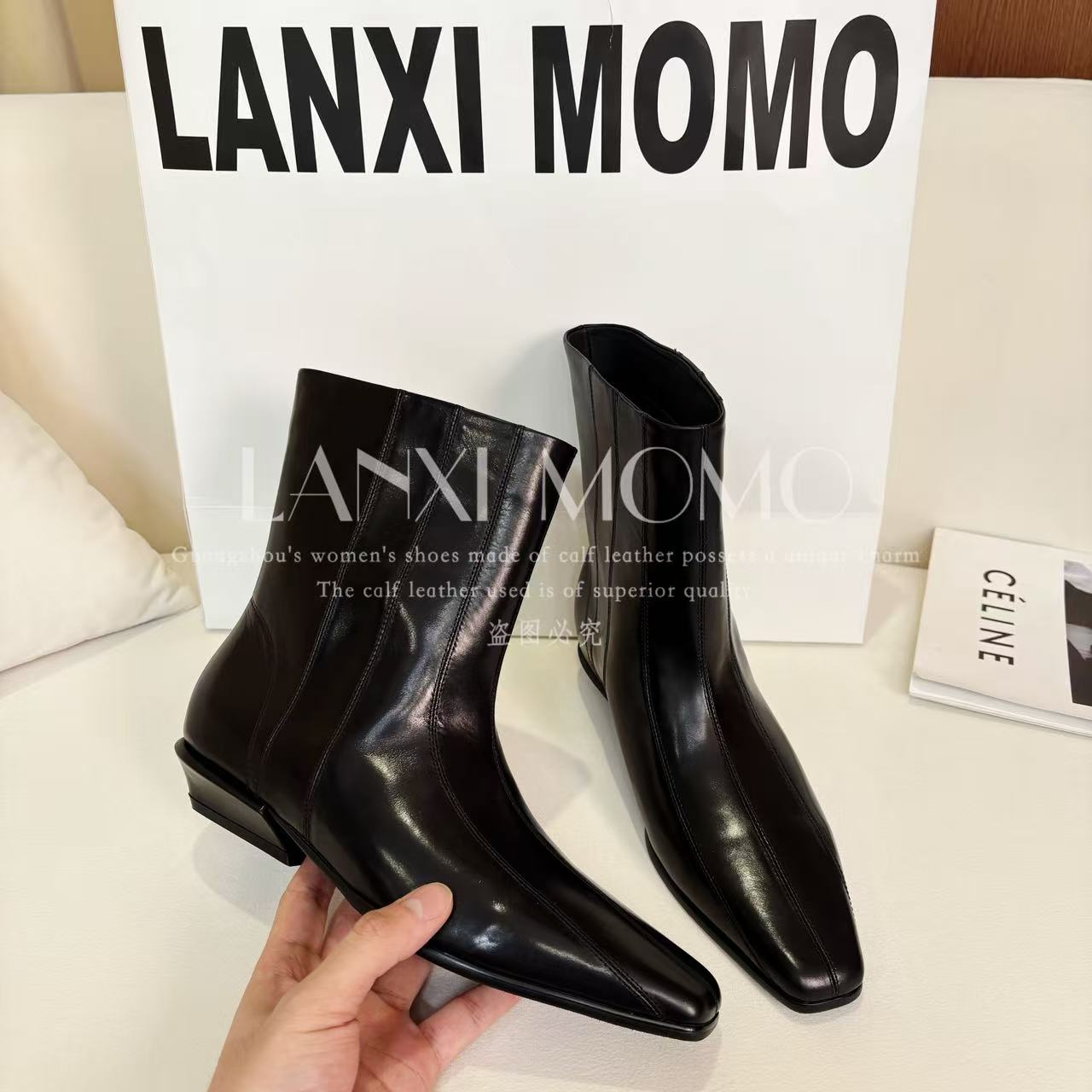  【LANXI  MOMO】时尚百搭女士黑色秋冬尖头方头短靴25XZ796LX