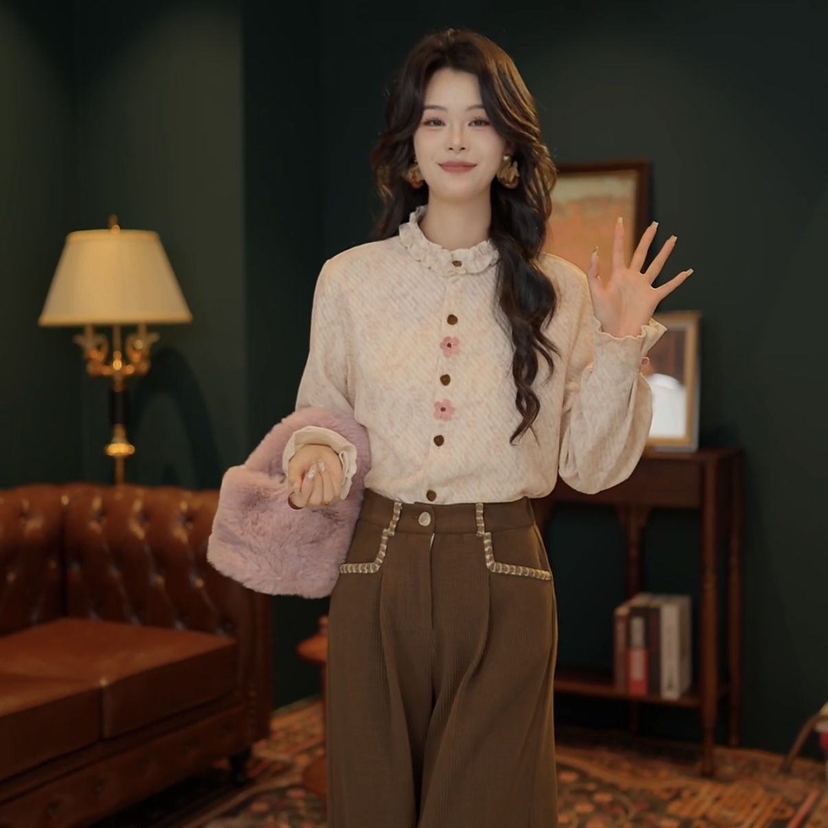 舒舒【晴雨甘露】复古港风秋冬厚款休闲百搭衬衫加厚上衣YE0708494