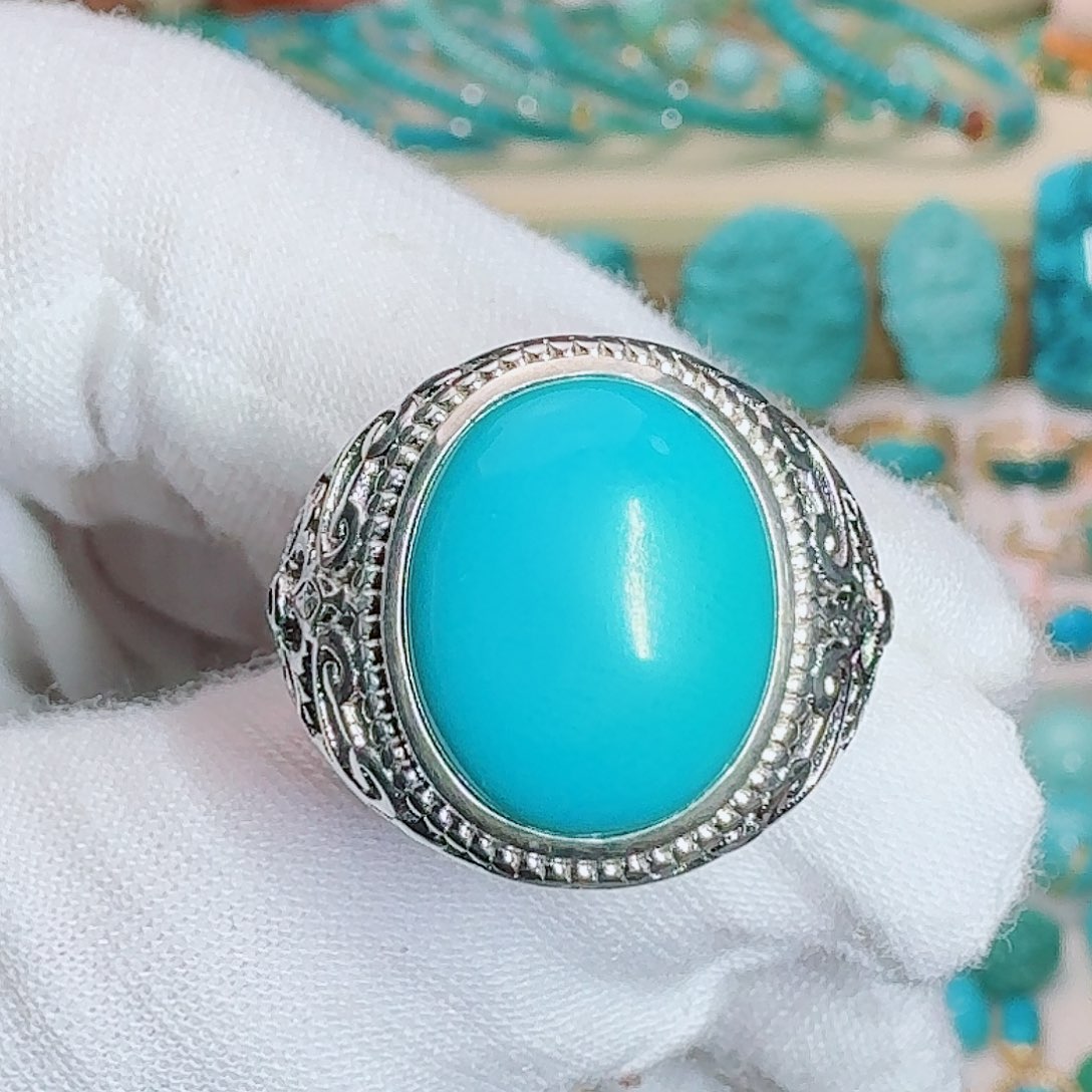 绿松石银S925镶嵌珠宝奇石玉华蓝戒指