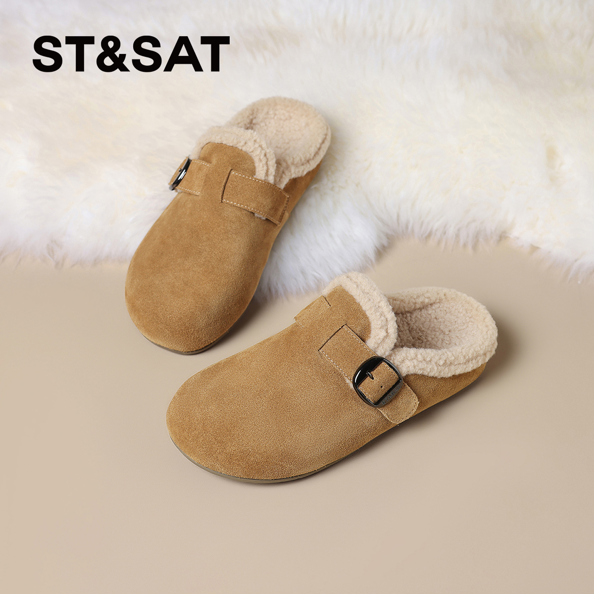 星期六驼色加绒软底勃肯鞋女款2025新款爆款百搭复古一脚蹬平底鞋