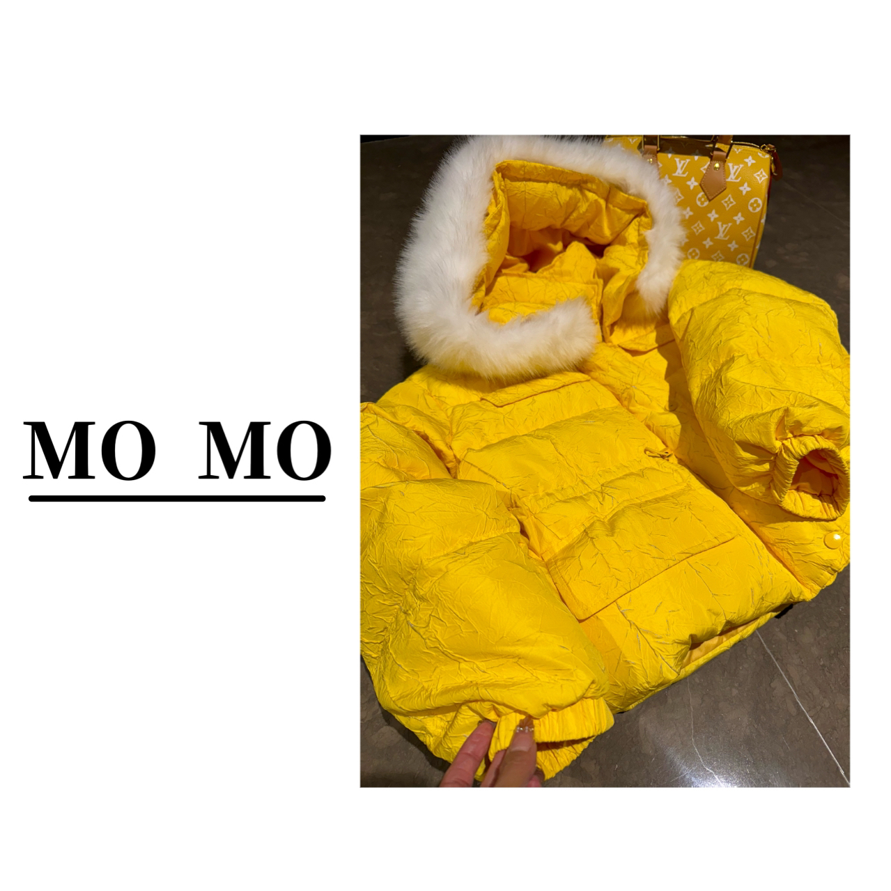 MOMO【褶皱收腰拼接羽绒服】2025新款可拆毛领设计感连帽宽松洋气