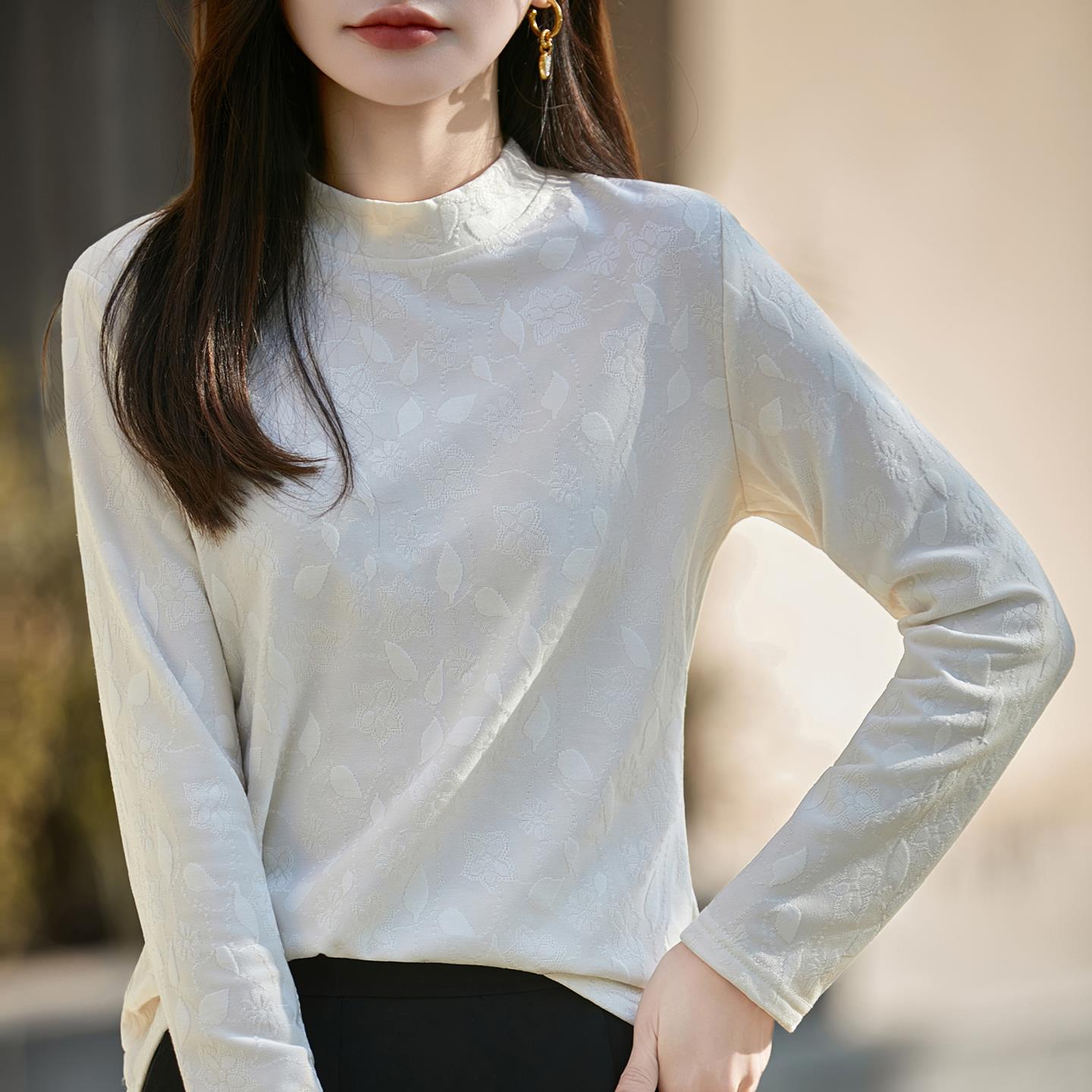 【加绒】新中式复古提花半高领保暖打底衫女秋冬高端国风宽松上衣