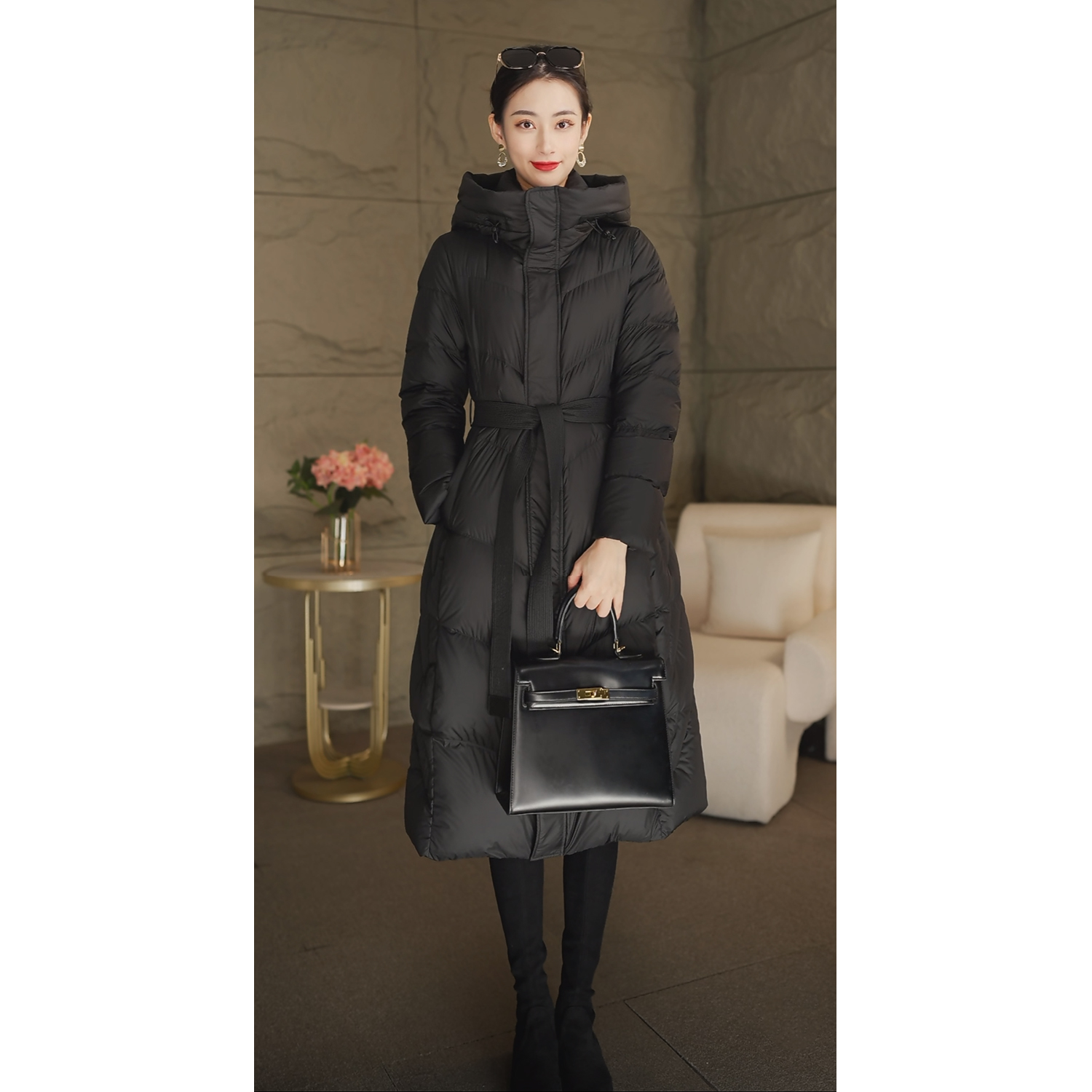 冬季新款高奢新国标90白鹅绒羽绒服女收腰显瘦中长款连帽百搭外套
