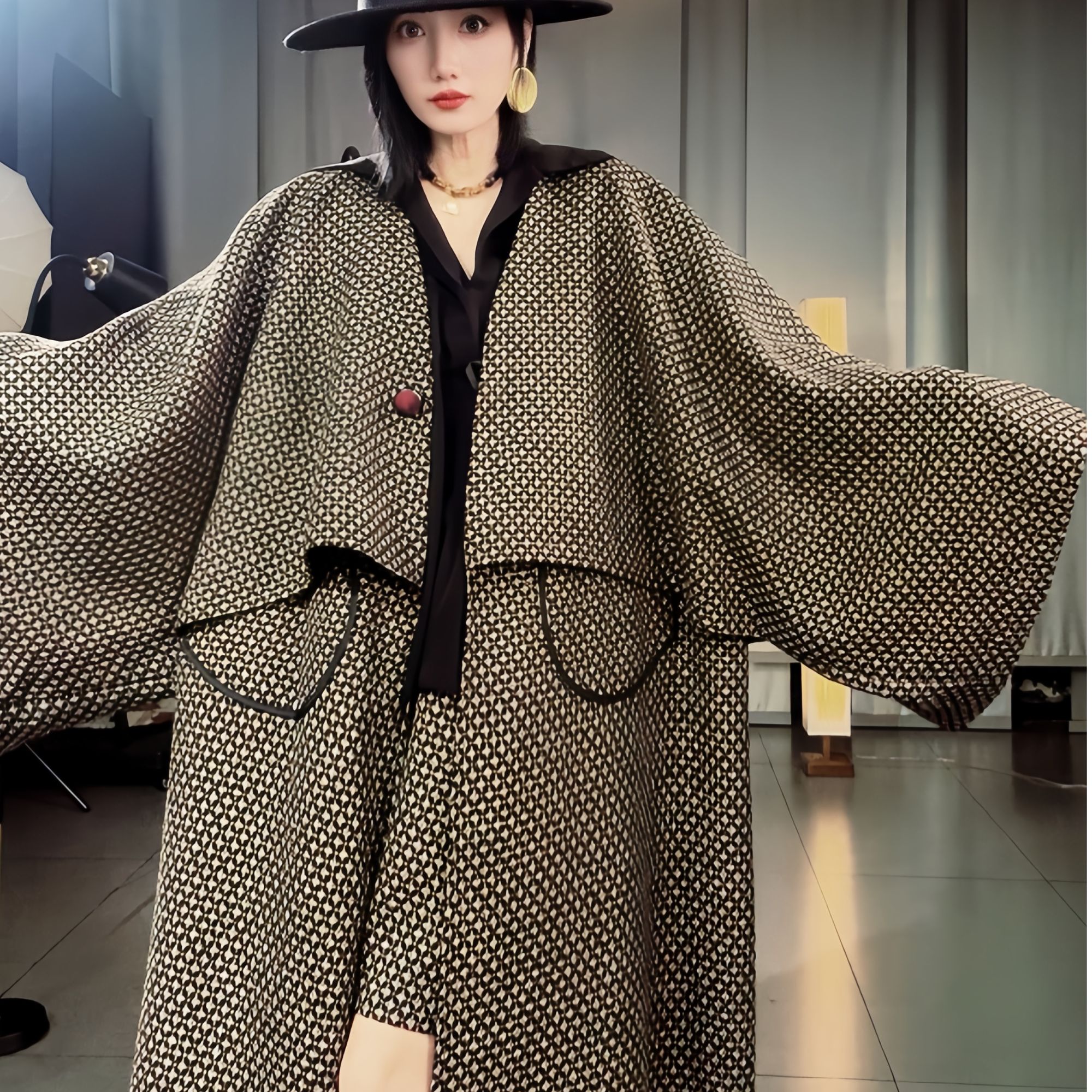 2025秋冬季假两件大宽袖长款大衣女慵懒风时尚宽松百搭不对称外套