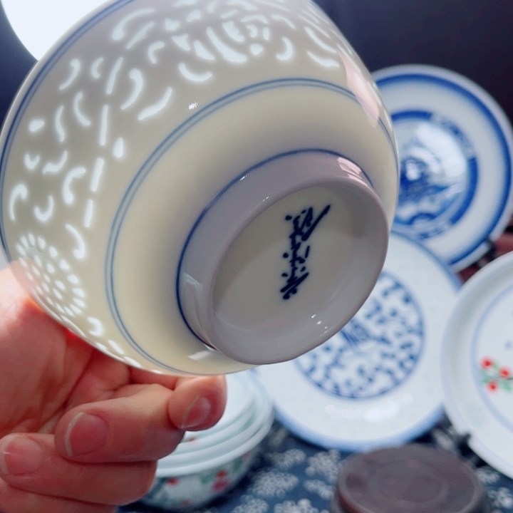 青花玲珑5寸饭碗满雕双福双线