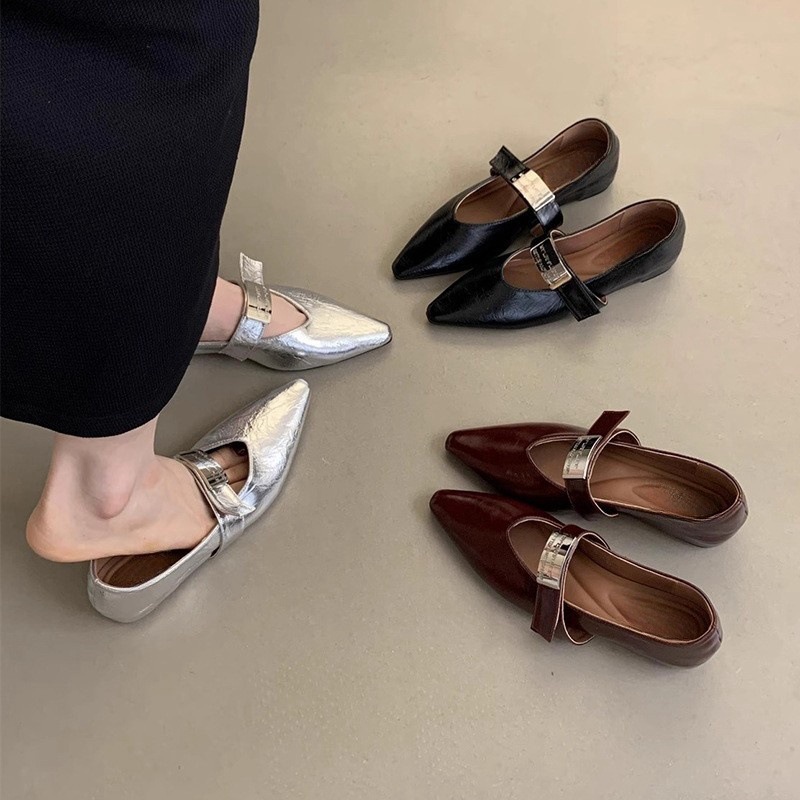 内增高尖头单鞋女春秋新款韩版法式气质仙女厚底银色玛丽珍小皮鞋